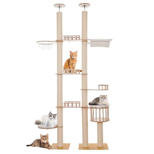 PJDDP Kratzbaum Deckenhoch, Katzenbaum Vom Boden Bis Zur Decke Verstellbar Mit Raumkapsel, Hängematte Für Katzen Zum Klettern, Kratzen von PJDDP