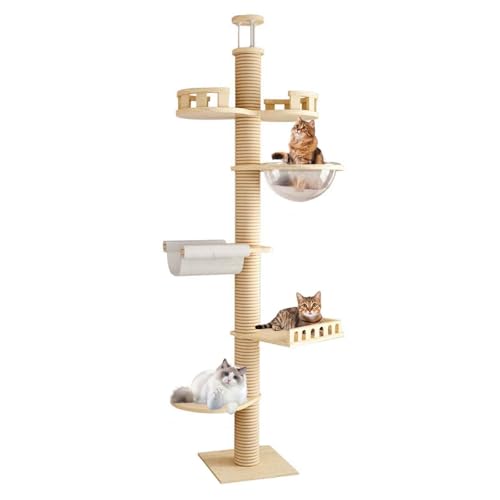 PJDDP Kratzbaum Deckenhoch Für Katze, Katzenbaum Vom Boden Bis Zur Decke Verstellbar, Höhenverstellbar (250-280Cm), Mehrstöckiger Katzenkratzbaum Für Katzen Zum Klettern, Kratzen,Bring a Hammock von PJDDP