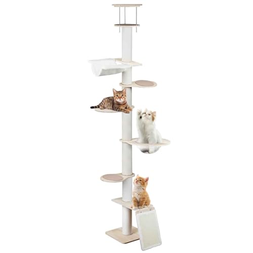 PJDDP Kratzbaum Hoch Holz, 7-Stöckig Katzenkletter, Deckenspanner Kratzbaum Artgerecht, Höhenverstellbar (265-285Cm) Mit Hängematte Für Katzen Zum Klettern, Ausschau Halten Und Spielen von PJDDP