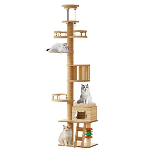 PJDDP Kratzbaum Vom Boden Bis Zur Decke, Kratzbaum Deckenhoch, 5-Stöckiger Katzenbaum, Höhenverstellbar (250Cm -280 cm) Für Katzen Zum Klettern, Kratzen, Ausschau Halten Und Spielen,Mt5 von PJDDP