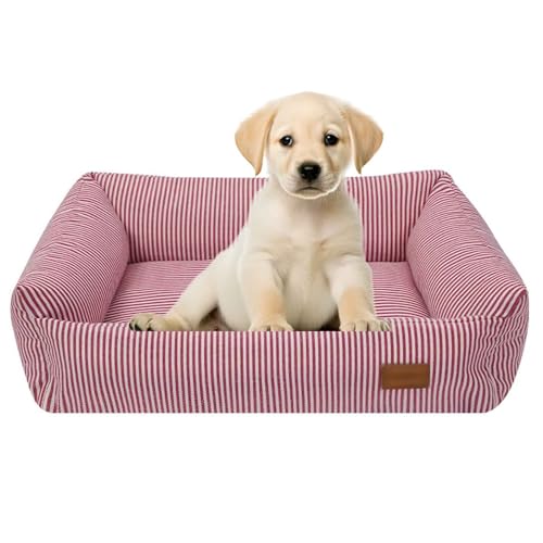 PJDDP Kühlbett Für Hunde, Hundesofa, Hundebett Mit Abnehmbarem Waschbarem Bezug, Rutschfester Unterseite Für Kleine Und Mittelgroße Hunde,Red Stripes,M von PJDDP