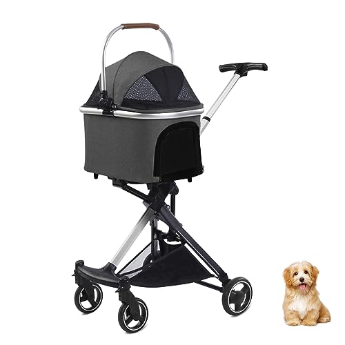 PJDDP Leichter, zusammenklappbarer Haustier-Kinderwagen, Trolley für kleine Hunde und Katzen, tragbarer Reise-Hundewagen mit Aufbewahrungskorb, Rahmen aus Aluminiumlegierung,Dark Grey von PJDDP