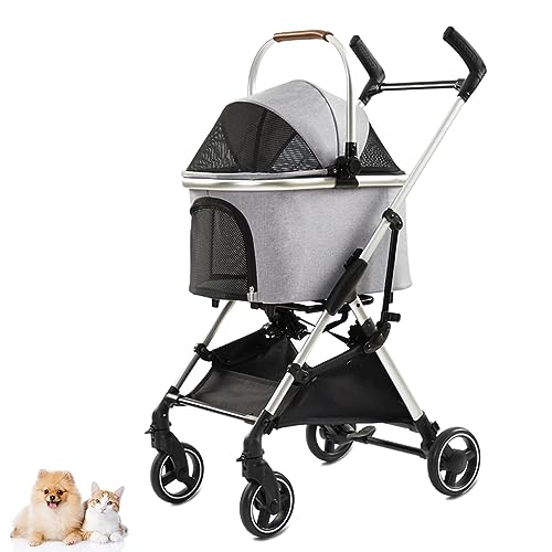 PJDDP Leichter Haustier-Kinderwagen aus Metall, Faltbarer, tragbarer Reise-Hundewagen für mittelgroße kleine Hunde und Katzen, mit abnehmbarem Aufbewahrungskorb,Light Grey von PJDDP