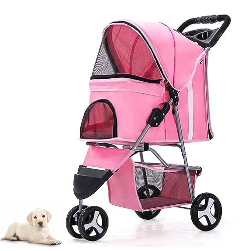 PJDDP Leichter und Faltbarer Haustier-Kinderwagen für mittelgroße kleine Hunde und Katzen, Jogger-Katzen-Hundekäfig, 3-Räder-Kinderwagen, zusammenklappbarer Reise-Tragewagen,Bright pink von PJDDP