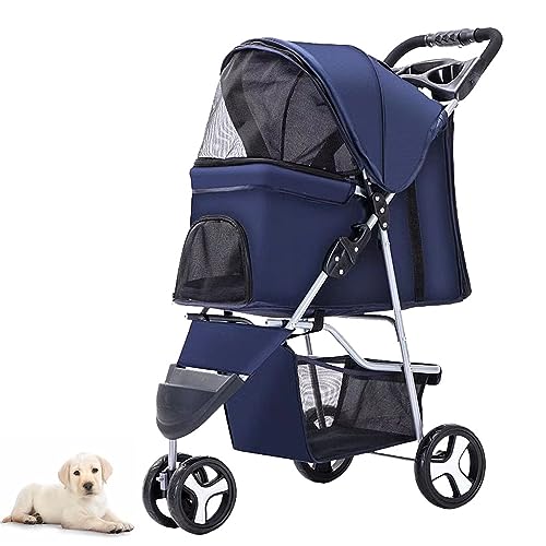 PJDDP Leichter und Faltbarer Haustier-Kinderwagen für mittelgroße kleine Hunde und Katzen, Jogger-Katzen-Hundekäfig, 3-Räder-Kinderwagen, zusammenklappbarer Reise-Tragewagen,Dark Blue von PJDDP