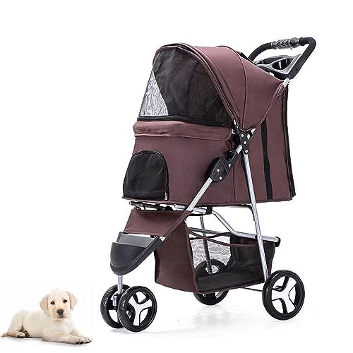 PJDDP Leichter und Faltbarer Haustier-Kinderwagen für mittelgroße kleine Hunde und Katzen, Jogger-Katzen-Hundekäfig, 3-Räder-Kinderwagen, zusammenklappbarer Reise-Tragewagen,Kaffee von PJDDP