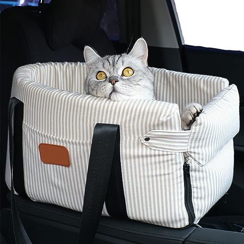 PJDDP Mittelkonsolen-Hundeautositz für Hunde und Katzen, waschbarer und Abnehmbarer Haustier-Armlehnen-Autositz mit Sicherheitsseil für Reisen, Ausgehen,Beige Stripes von PJDDP