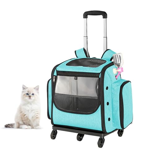 PJDDP Pet Carrier Backpack, Haustier Rolling Carrier Backpack,Katzenrucksack Mit Aufbewahrungsfächern,Tragbare Faltbare Haustier-Reisetasche Mit Rädern,Atmungsaktive Welpen Reisetasche,Blau von PJDDP