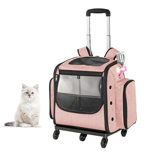 PJDDP Pet Carrier Backpack, Haustier Rolling Carrier Backpack,Katzenrucksack Mit Aufbewahrungsfächern,Tragbare Faltbare Haustier-Reisetasche Mit Rädern,Atmungsaktive Welpen Reisetasche,Rosa von PJDDP