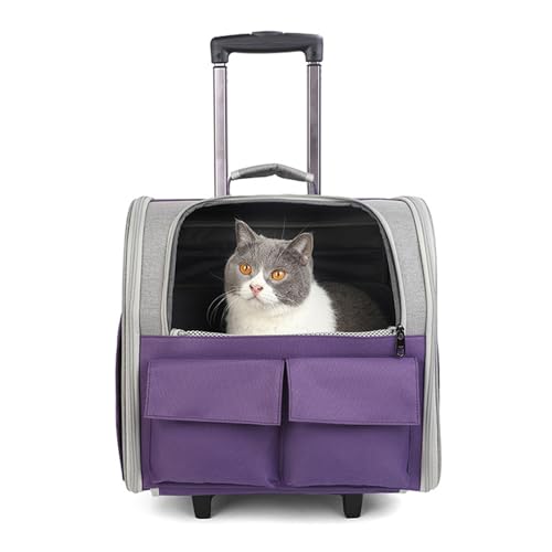 PJDDP Pet Carrier Mit Rädern, Pet Rolling Carrier Rucksack, Rucksack Kinderwagen Für Hunde, Abnehmbare Und Faltbare Katze Rucksack Mit Aufbewahrungstaschen,Lila von PJDDP