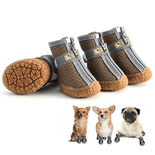 PJDDP Pfotenschutz Für Hunde, Atmungsaktiv Hundeschuhe,Anti-Rutsch-Hundeschuhe Mit Verstellbarem, Reflektierendem Riemen Für Kleine, Mittlere Hunde 4 Stück,Braun,1 von PJDDP