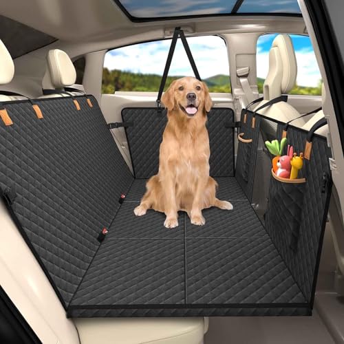 PJDDP Rücksitzverlängerung Für Hunde, Hundedecke Auto Rückbank, Autositzbezug, Harte Unterseite, Wasserdicht Mit Netzfenster Und Aufbewahrungstasche von PJDDP