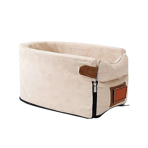 PJDDP Tragbare Armlehnen-Sitzerhöhung für Hunde, interaktiver Hundekonsolen-Autositz, Mittelkonsolen-Welpensitz mit Sicherheitsgurten, für kleine Hunde und Katzen, bis zu 5 kg,Oval beige von PJDDP