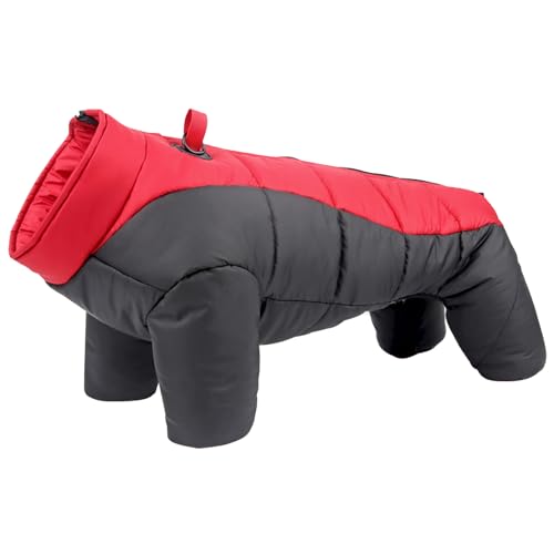 PJDDP Vierbeiniger Hundewintermantel, warme Hundejacke mit Rückenreißverschluss Ganzkörper-Hundemantel wasserdicht, Hunde-Pufferweste mit Geschirr-Loch,Rot,5XL von PJDDP