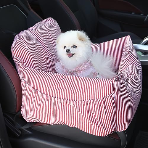 PJDDP Waschbarer Hunde-Autositz für kleine mittelgroße Hunde und Katzen, tragbares Hunde-Auto-Reisebett mit Aufbewahrungstaschen und Sicherheitsgurten, weicher Haustier-Autositz,Red Stripes von PJDDP