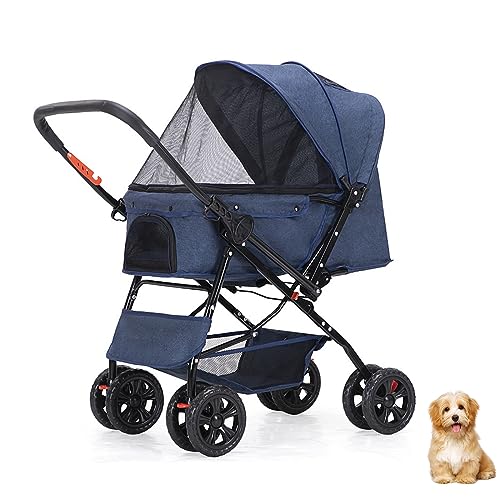 PJDDP Zwei-Wege-Haustier-Kinderwagen für kleine und mittelgroße Hunde, Jogger-Haustier-Kinderwagen, Hunde-/Katzen-Kinderwagen, Reisewagen mit großer Aufbewahrungstasche,Blau von PJDDP