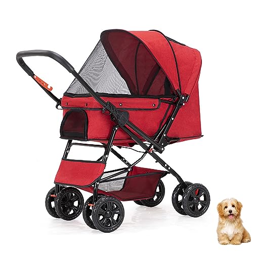 PJDDP Zwei-Wege-Haustier-Kinderwagen für kleine und mittelgroße Hunde, Jogger-Haustier-Kinderwagen, Hunde-/Katzen-Kinderwagen, Reisewagen mit großer Aufbewahrungstasche,Rot von PJDDP