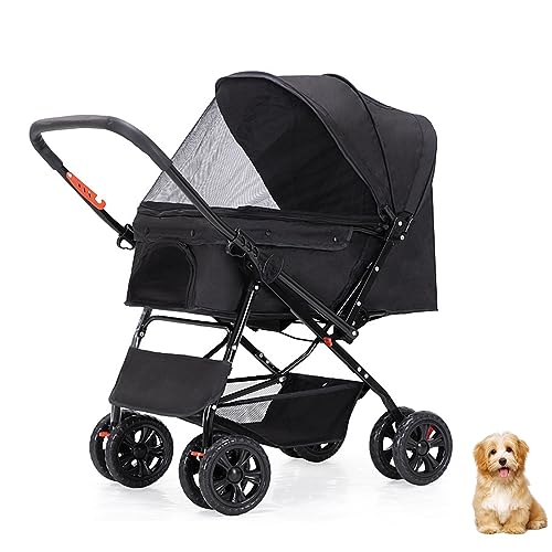 PJDDP Zwei-Wege-Haustier-Kinderwagen für kleine und mittelgroße Hunde, Jogger-Haustier-Kinderwagen, Hunde-/Katzen-Kinderwagen, Reisewagen mit großer Aufbewahrungstasche,Schwarz von PJDDP