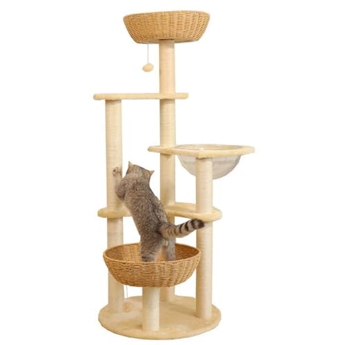 Rattan-Kratzbaum Für Hauskatzen, Hoher Kratzbaumturm Mit Kratzbaum, Holz-Katzenturm Für Hauskatzen, 55,5 Zoll Hoch,Beige von PJDDP