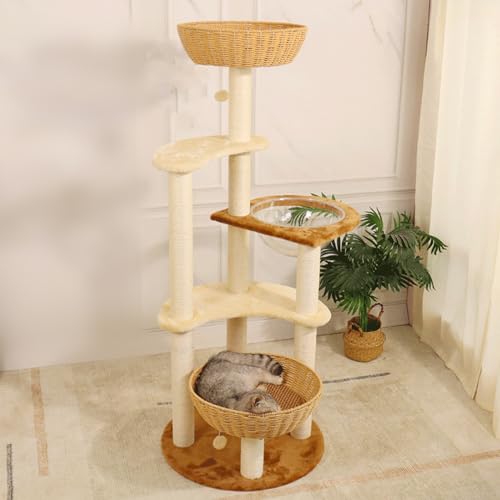 Rattan-Kratzbaum Für Hauskatzen, Hoher Kratzbaumturm Mit Kratzbaum, Holz-Katzenturm Für Hauskatzen, 55,5 Zoll Hoch,Braun von PJDDP