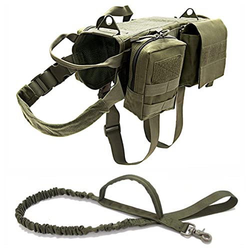 Taktisches Hundegeschirr Mit Taschen Und Bungee-Hundeleine, Diensthundeweste Mit Rucksack Für Spaziergänge, Wandertraining, Arbeitshunde-MOLLE-Weste, Militär-Hundegeschirr,Grün,L von PJDDP