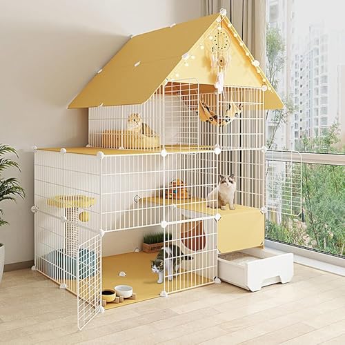 Katzenkäfige Indoor Groß mit Katzentoilette, Catio Freigehege Haus, Katzenvilla-Kisten für 1-3 Katzen (111x75x145cm) von PJGFBYT