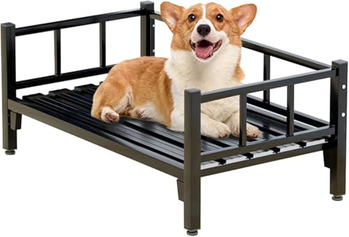 PJGFBYT Hundebett aus Metall, groß, für drinnen und draußen, erhöhtes Haustierbett mit 3 Zäunen, für Haustiere bis zu 40 kg, (Größe: L 100 x 60 cm) von PJGFBYT