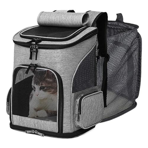 Haustier-Tragerucksack mit Netzfenstern, grau, faltbares Design, verstellbare Gurte, 42 cm x 33 cm x 27 cm (Grau) von PKIMKM