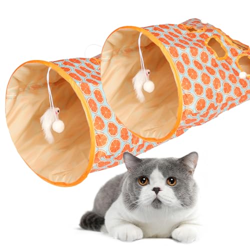 Katzentunnel Tasche, Cat Tunnel Bag, Zusammenklappbare Tunnel für Indoor-Katzen, Tunnel Taschen Haustier Spielzeug mit Plüschball, Lustige Katzen Spieltunnel, Haustier Interaktives Spielzeug(orange*2) von PKKP