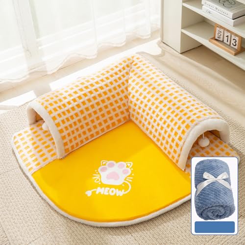 Katzenbett - Gemütliches Katzennest Bett & Schlafsack für Hauskatzen, Kätzchenbett mit Tunneldesign, Spiel- und Schlafbereich mit mehreren Eingängen, (Gelb + Boluoge-Decke, L (13.2-22.05lb)) Katzenbett - Gemütliches Katzennest Bett & Schlafsack für Hauskatzen, Kätzchenbett mit Tunneldesign, Spiel- und Schlafbereich mit mehreren Eingängen, (Gelb + Boluoge-Decke, L (13.2-22.05lb)) von PKRANZYHKAL