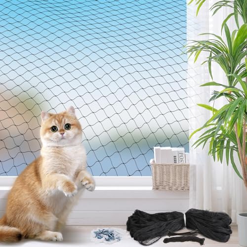 PLAPOT Katzennetz für Balkon, 8 x 3m Balkonnetz für Katzen Katzengitter Fenster ohne Bohren,Katzen Schutznetz für Fenster Terrasse Tür Innen und Außen mit 27M Befestigungsseil und Zubehör von PLAPOT