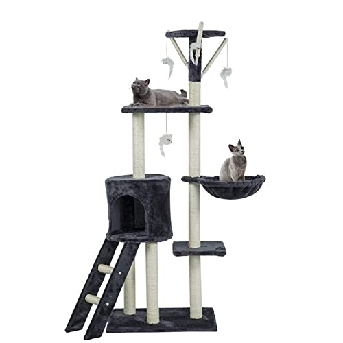 Kratzbaum, mehrstufiger stabiler Katzenkletterturm, Katzenaktivitätsbäume mit Leiter, Möbel-Spielhaus für Kätzchen, Indoor-Haustieraktivität (Dunkelgrau, 49 x 35 x 138 cm) von PLASTIFIC