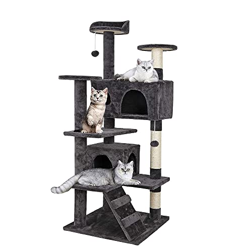 Kratzbaum, mehrstufiger stabiler Katzenkletterturm, Katzenaktivitätsbäume mit Leiter, Möbel-Spielhaus für Kätzchen, Indoor-Haustieraktivität (Dunkelgrau, 50 x 50 x 132 cm) von PLASTIFIC