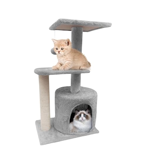 Kratzbaum, mehrstufiger stabiler Katzenkletterturm, Katzenaktivitätsbäume mit Leiter, Möbel-Spielhaus für Kätzchen, Indoor-Haustieraktivität (Grau, 40 x 30 x 70 cm) von PLASTIFIC