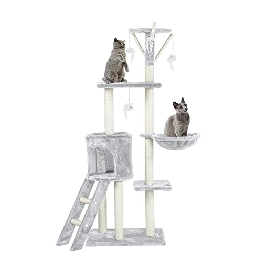 Kratzbaum, mehrstufiger stabiler Katzenkletterturm, Katzenaktivitätsbäume mit Leiter, Möbel-Spielhaus für Kätzchen, Indoor-Haustieraktivität (Hellgrau, 49 x 35 x 138 cm) von PLASTIFIC