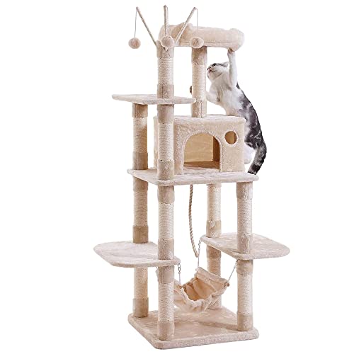 Kratzbaum für Katzen, mehrstufig, stabil, Kletterturm, Katzenaktivitätsbäume mit Leiter, Möbel-Spielhaus für Kätzchen, Indoor-Haustieraktivität (Beige, 50 x 50 x 154 cm) von PLASTIFIC