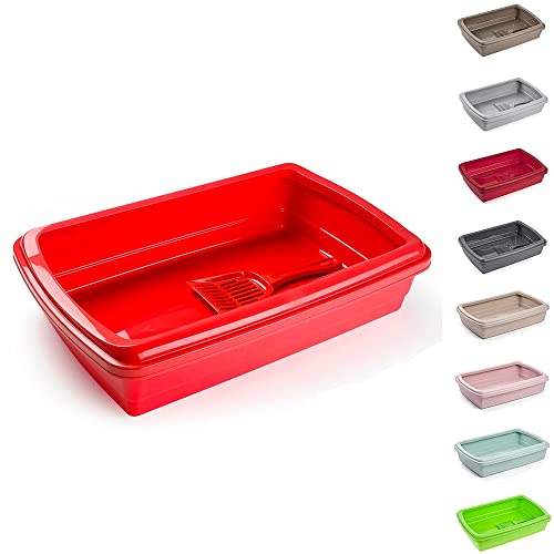 PLASTIFIC Große Katzentoilette oder Set mit Schüsseln + Schaufel Offene Kunststoffbox Toilettenrand (Rot) von PLASTIFIC