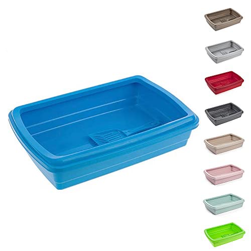 PLASTIFIC Große Katzentoilette oder Set mit Schüsseln + Schaufel Offene Kunststoffbox Toilettenrand Einfache Reinigung Katzentoilette Kätzchen Katzen (47x31x11cm, Blau) von PLASTIFIC