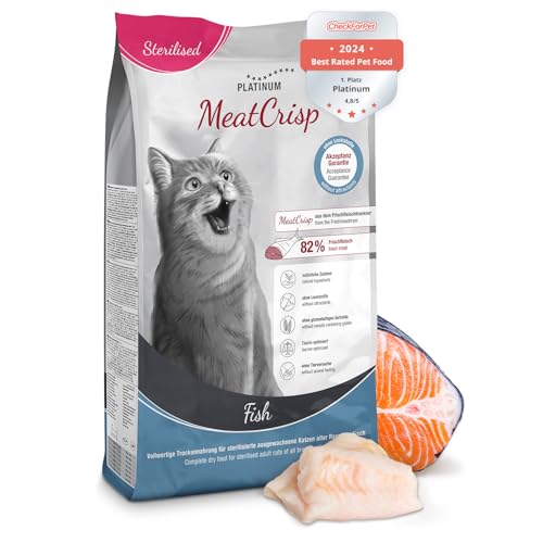 PLATINUM - Katzenfutter MeatCrisp Sterilised Fish aus dem Frischfleischtrockner - 1,5kg Katzenfutter mit 82% Frischfleisch - Trockenfutter für Katzen - Crispy Biss - reduzierter Kaloriengehalt von PLATINUM