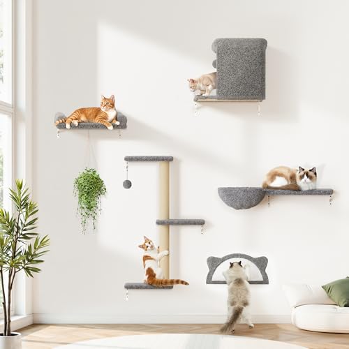 Katzenwandregale 4-in-1 Modernes Kletterwandmöbel-Set für Katzen mit Kratzbäumen, Katzenbett & Sofa, platzsparende Sitzstange für 40,6 cm Trockenbau, Hellgrau Katzenwandregale 4-in-1 Modernes Kletterwandmöbel-Set für Katzen mit Kratzbäumen, Katzenbett & Sofa, platzsparende Sitzstange für 40,6 cm Trockenbau, Hellgrau von PLEKER