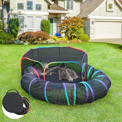PLITTPETTS Outdoor Katzengehege, Tragbarer Regenbogen Catio Spielplatz mit Aufbewahrungstasche & 4 Zeltheringe für Katzen und Kleintiere, Faltbarer Katzenlaufstall mit Katzentunnel für draußen und von PLITTPETTS