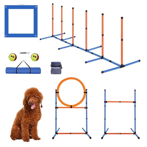PLKO Agility-Ausrüstungs-Set für Hunde, Agility-Trainingsgerät, gewebte Stangen, verstellbare Hürde, Sprungring, Pausenbox und Aufbewahrungstasche von PLKO