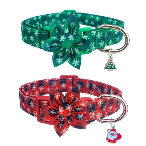 2 Stück Weihnachts-Hundehalsband, Blumen-Krawatte, rot, grün, kariert, bequem, verstellbar, Welpenhalsbänder mit sicherer Schnalle für kleine, mittelgroße und große Haustiere von PLOJOP