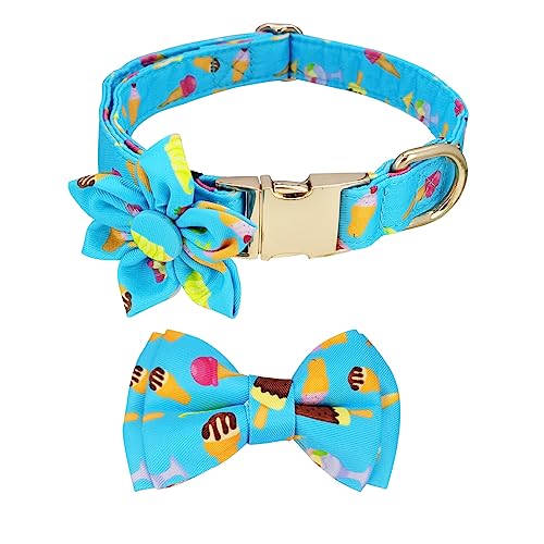 Sommer Hundehalsband Fliege Blume Krawatte Blau Eiscreme Hundehalsband Bequem Verstellbar Welpenhalsbänder mit sicherer Metallschnalle für kleine, mittelgroße und große Haustiere von PLOJOP