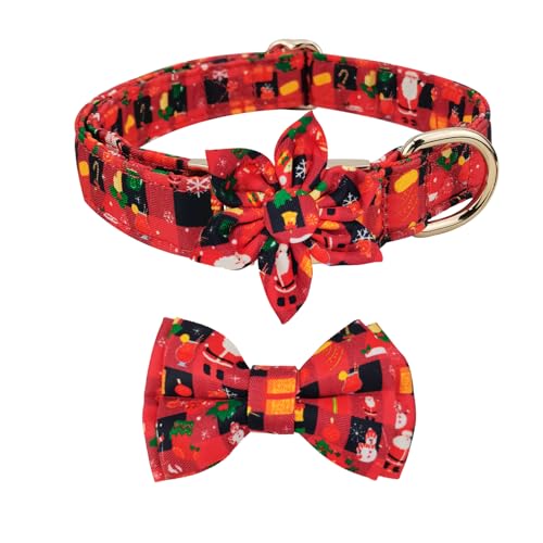 Weihnachtliches Hundehalsband mit Schleife und Blumenbindung, Weihnachtsstrumpf-Muster, Hundehalsband, bequem, verstellbar, Welpenhalsbänder mit sicherer Metallschnalle für kleine, mittelgroße und von PLOJOP