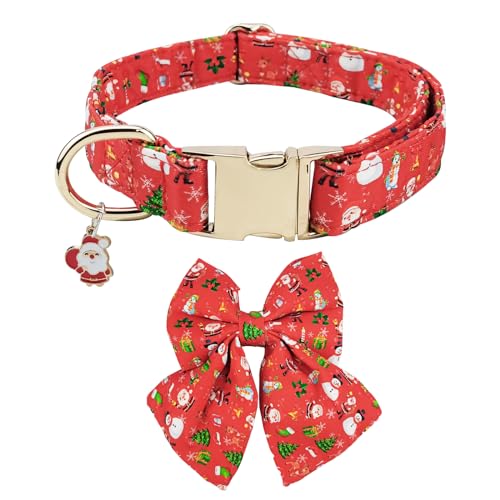 Weihnachts-Hundehalsband mit Schleife, Blumenbindung, Schneemann, Weihnachtsbaum-Muster, Hundehalsband, bequem, verstellbar, Welpenhalsbänder mit sicherer Metallschnalle für kleine, mittelgroße und von PLOJOP