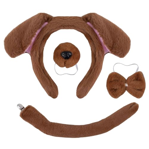 4-teiliges Welpenkostüm-Set, Tierkostüm-Zubehör, Hundeohren, Stirnband, künstliche Nase, Fliege, Hundeschwanz, Kostüm, Halloween, Cosplay, Party (braun) von PLUSHCEWT