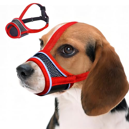 Maulkorb für kleine und mittelgroße Hunde, atmungsaktives Netzgewebe, mit verstellbarem Haken, weicher Maulkorb, um Beißen, Kauen und bestimmtes Bellen zu verhindern (Rot, M) von PLUSHCEWT