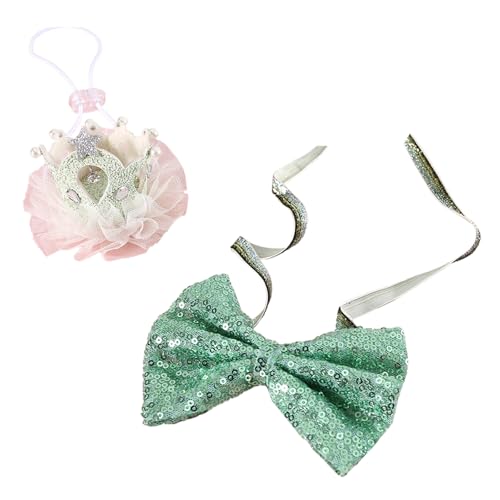 PLUSHCEWT Hund Katze Geburtstag Krone Hut Niedliche Haustier Hut Fliege Set Modische Party Set Verstellbare Fliege Kragen Junge Mädchen für Welpe Kätzchen Kleine Medium Hunde Katzen (Grün) von PLUSHCEWT