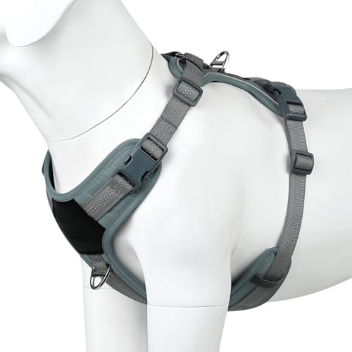 PLUTUS PET Anti-Zieh-Hundegeschirr, mit Halsauslöser, weich gepolstert, reflektierend und verstellbar, für kleine, mittelgroße und große Hunde (Grau, XL) von PLUTUS PET